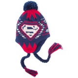 DC COMICS SUPERMAN Woven Acrylic Beanie Hat with Classic Logo and Braided Ties, Multi-Coloured